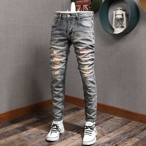 Italiaanse stijl mode mannen jeans retro elastische katoen slanke gescheurde streetwear borduurwerk patchwork designer denim broek
