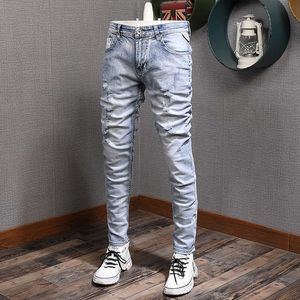 Jean Style italien pour hommes, rétro, bleu clair, coton élastique, Slim déchiré, Streetwear, pantalon en Denim de styliste Vintage