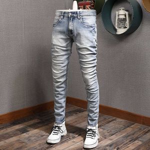 Jesns – jean déchiré en coton élastique pour hommes, Style italien rétro, gris clair, bleu, coupe Slim, pantalon en Denim de styliste Vintage