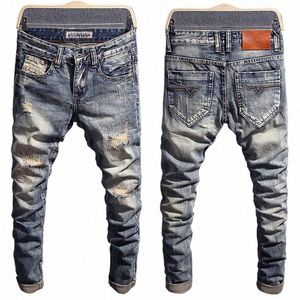 Style italien Fi Designer Hommes Jeans Rétro Slim Fit Ripped Jeans Hommes Trou Pantalon Patché Vintage Casual Denim Pantalon Hombre Q3vz #