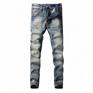 Style italien Fi hommes jean de haute qualité rétro mer bleu Stretch coupe ajustée déchiré jean hommes Vintage Denim pantalon Hombre E62Y #