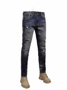 Italiaanse Stijl Fi Mannen Jeans Hoge Kwaliteit Retro Zwart Blauw Stretch Slim Fit Gescheurde Jeans Mannen Vintage Designer Denim Broek c1Lj #