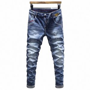 Italiaanse stijl Fi heren jeans Retro blauwe elastische stretch slanke gescheurde jeans Heren borduurwerk Designer Vintage denim broek Hombre s3QZ #