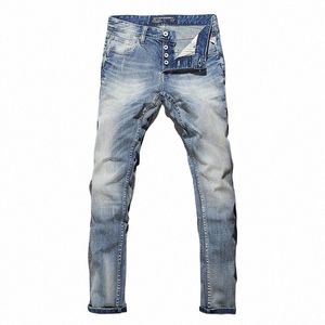 Estilo italiano Fi Hombres Jeans Retro Azul Claro Elástico Slim Fit Ripped Jeans Hombres Colillas Vintage Diseñador Denim Pantalones Hombre V4Mf #