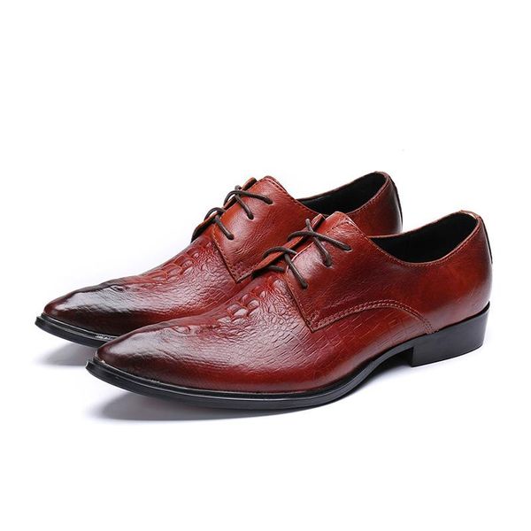Style italien hommes chaussures en cuir véritable bout pointu à lacets marron chaussures habillées en cuir formel mariage Zapatos Hombre