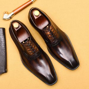 Style italien hommes robe en cuir véritable à la main bout pointu Derby Oxford pour homme à lacets bureau affaires chaussures formelles