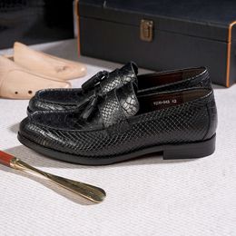 Italian Style Men's Tassel Genuine Leather Snake Pattern Slip on Wedding Party Office Dress Shoes for Men Casual Loafers