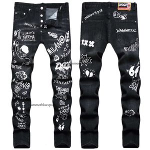 Marque italienne tendance, noir, élastique, perforé, imprimé numérique, patte de boutonnage, coupe ajustée, petit jean à jambe droite pour hommes
