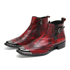 Bottines de Type italien pour hommes, faites à la main, tête en métal argenté, en cuir véritable, bottines rouges pour fête/mariage, US6-12