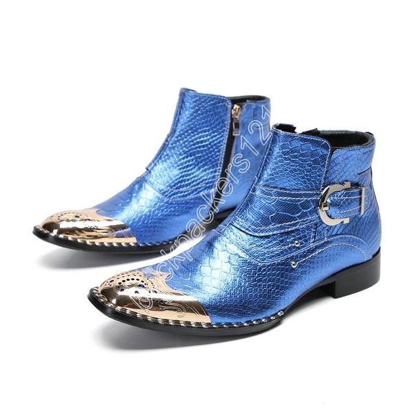 Zapatos de hombre de tipo italiano Botas Punta de metal dorado Botines de cuero azul Hombres Zip Moda Botas de fiesta azules Botas, US6-12