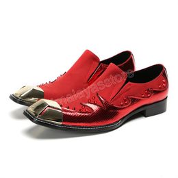 Chaussures de Type italien pour hommes, chaussures à enfiler en cuir véritable, bout en métal doré, chaussures rouges de fête et de mariage