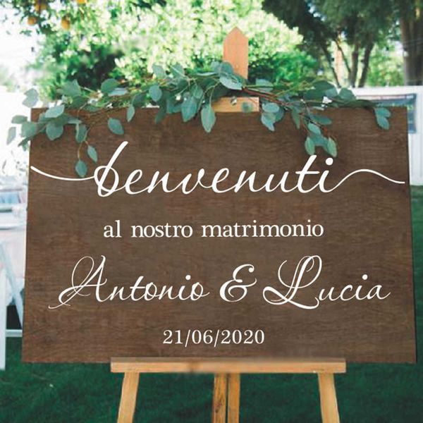 Versión italiana Signo de boda Pegatinas Nombres de novios personalizados Vinilo Mural Boda Bienvenido Espejo Calcomanías Dcor Extraíble O309 210705
