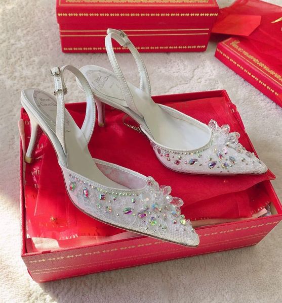 Italie Marque Renecaovilla Aretha Sandales Chaussures Slingbacks Nylon Bijou Cristaux Brodés Cristaux Perles Pompes Robe De Mariée Robe De Mariée Marche EU35-43