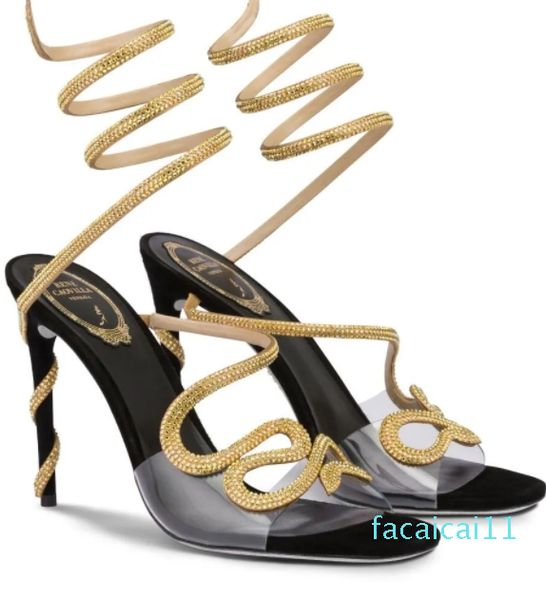 Italie marque Renescaovilla femmes Morgana sandales chaussures PVC serpent cristal spirale enveloppes sangle talons hauts dame fête W