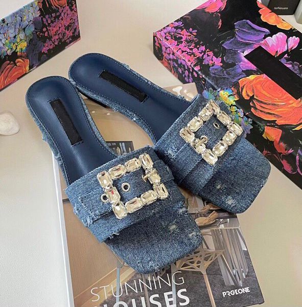 Italie Marque Femmes Patchwork Denim Sandales Chaussures Lady Diapositives Avec Boucle En Strass Pantoufles De Plage Sans Lacet Confort Quotidien Chaussures EU35-42 Avec Boîte