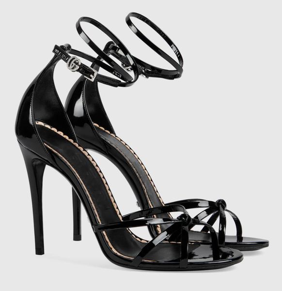 Italie Brand Womens Sandals Sandals Chaussures Patent Leather Party Robe Lady High Heels cheville-strap Black Gold Sliver Gladiator Sandalias EU35-43