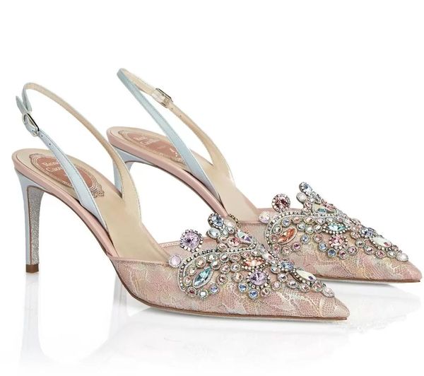 Italia Diseño Joya Slingbacks VENEZIANA Sandalias René Fiesta nupcial Boda Caovilla Bombas Aspecto exclusivo Encaje Punta estrecha Tacones altos EU35-42