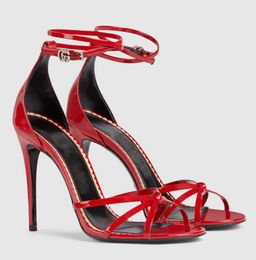 Italië ontwerp zomer octrooi lederen sandalen schoenen strappy hoge hak goud zwart rode pumps feest bruiloft gladiator sandalia's met doos. EU35-43
