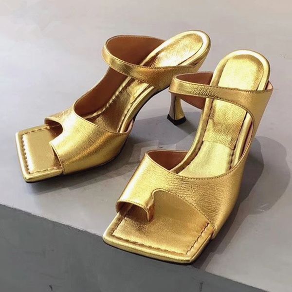 Italie Designer Femmes Chaussures Clip-on Bout Carré Talons Hauts Sandales Femmes Sexy Parti Pantoufles Femmes Tongs Chaussures Femme Zapatos De Muje