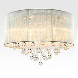 Tambor moderno Colgante Luz Tela Sombra Gota de lluvia Candelabros de cristal 6 luces E14 E12 Bombilla Lámpara de cristal Accesorio de luz D.45cm