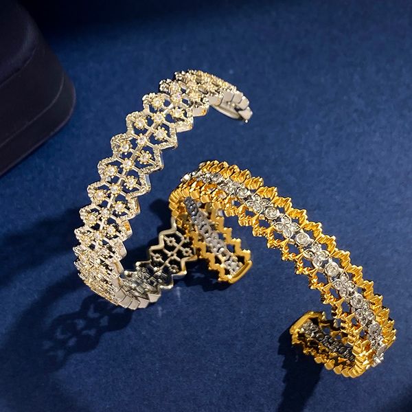 Italie Hollow Clover Designer Bracelet Bracelet pour femmes Luxury Silver Bling Lace Sparkling Diamond Gold plaqué rétro vintage C Bracelets Bracelets Open Bracelets