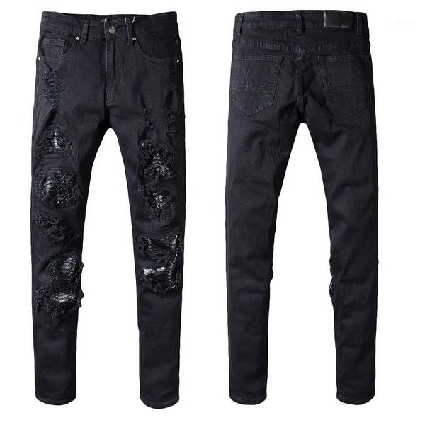 Style italien # 554 # pantalons détruits en détresse pour hommes patchs en peau de serpent noir Skinny Biker Jeans pantalon Slim taille 29-40