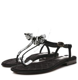 Italie Été Cristal Bow String Sandales Chaussures Gros-Grain Velours Blanc Noir Confort Dame Tongs Marche EU35-40 Boîte d'origine