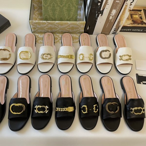 Italia Mujer Sandalia diapositiva plana Enclavamiento Zapatillas de cuero de alta calidad G hebilla cadena Diapositivas Sandalia Cueros Pisos atractivos Ropa de moda para mujer Zapatos chanclas mulas