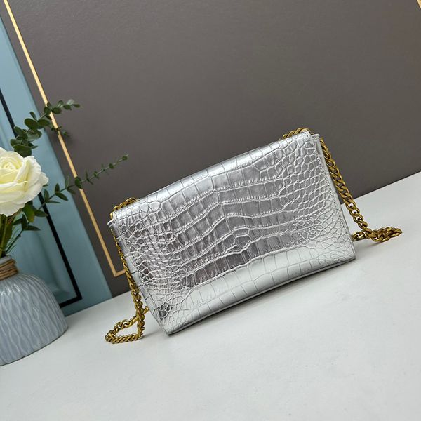 Italia Bolsos Baguette de cocodrilo con solapa clásica para mujer Bolsos de doble uso Monedero de retazos de gamuza nobuk de cuero genuino Bolso bandolera con cadena de metal dorado 22X14X5CM