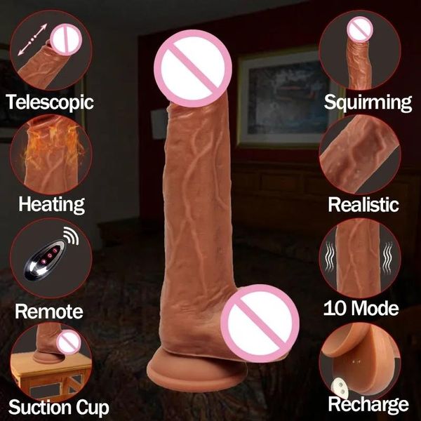 Artículos masajeador sexual consolador grande vibrador enorme automático telescópico calefacción pene ventosa realista para mujeres juguetes adultos