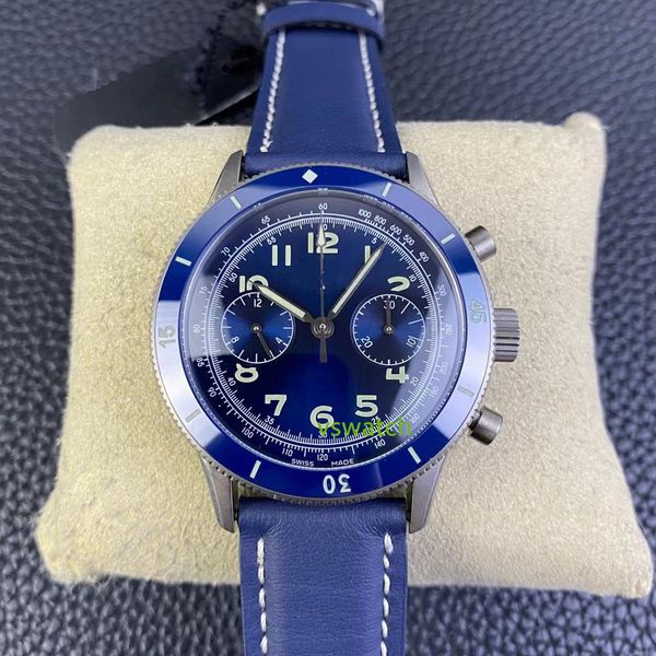 Función de sincronización ITF Movimiento F388B Caja de reloj de titanio Diámetro 42,5 mm Correa de cuero azul vintage Bisel de cerámica Cristal de zafiro