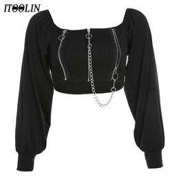 Itoolin goth T-shirt Zip Up Crop Top Vrouwen Off Shoulder Tees Chains Lange Mouw Y2K T-shirts Gothic Dark Black Vintage Kleding 210702