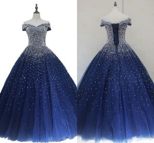 Robes de quinceanera bleu marine Bling perlées sur l'épaule Corset dos une ligne douce 16 robe robe de bal en tulle formelle femmes PageanT