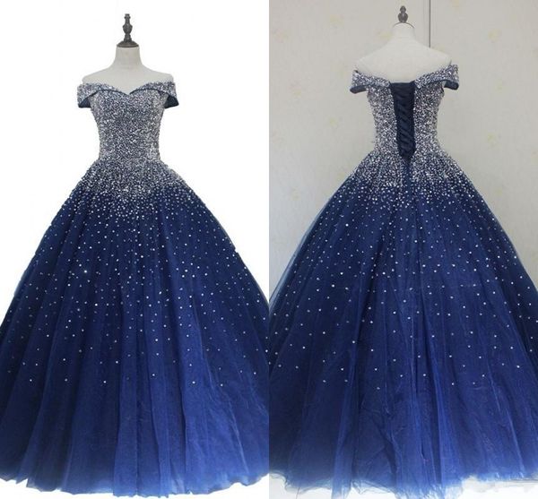 Vestidos de quinceañera azul marino Bling con cuentas fuera del hombro Corsé Volver Una línea Vestido dulce 16 Vestido de fiesta de tul Mujeres formales PageanT