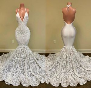 Ivoor 2021 Mermaid Prom Dresses Halter Kant Lovertjes Geappliceerd Backless Ruches Sweep Train Trompet Afrikaanse avondjurk