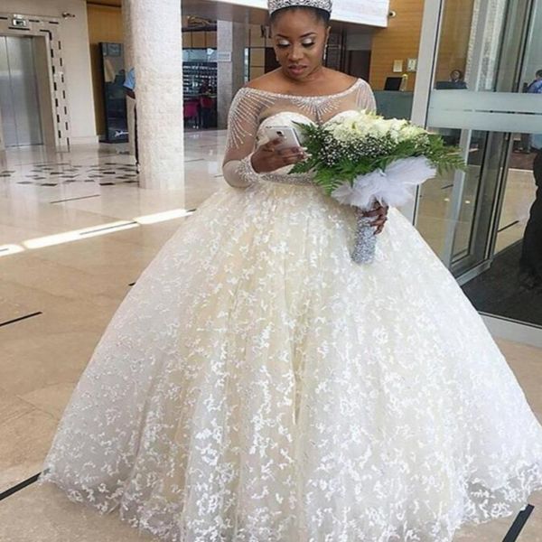 Ivoire robe de bal robe de mariée sud-africaine pure cou manches longues, plus la taille robes de mariée dentelle appliques robes de mariée sur mesure