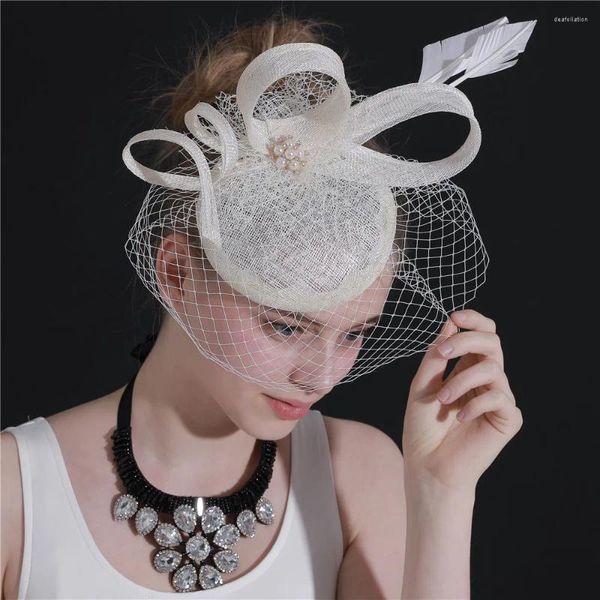 Voiles de mariée ivoire, accessoires fascinateurs de mariage, chapeaux Sinamay Chapeau Fedora pour femmes, couvre-chef de course pour occasions élégantes