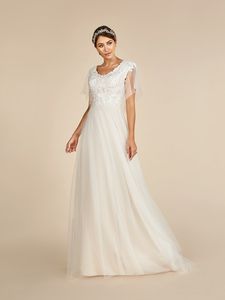 Ivoire Champagne A-line Robes de mariée modestes avec manches courtes boutons arrière Scoop Neck Jupe en tulle informe