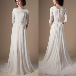 Ivoor Champagne Bescheiden Trouwjurken Met 3 4 Mouwen Kralen Kant A-lijn Chiffon Boho Informele Bruidsjurk LDS Religieuze Wedding226A