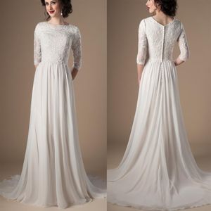 Vestidos de novia modestos de champán marfil con 3 4 mangas de encaje con cuentas A-line gasa Boho vestido de novia informal LDS boda religiosa198J