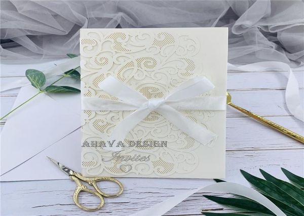 Invitación de boda tríptico con corte láser personalizable, color marfil, con tarjeta de respuesta y sobre, invitación para cumpleaños de boda 9514573