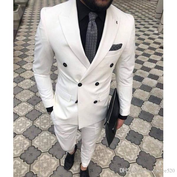 Ivoire Double Boutonnage Hommes Costumes pour Gentleman 2019 Peaked Revers Marié Tuxedos Dernier Pantalon Veste Pantalon Conception Slim Fit Tailleur Blazer 2 Pcs