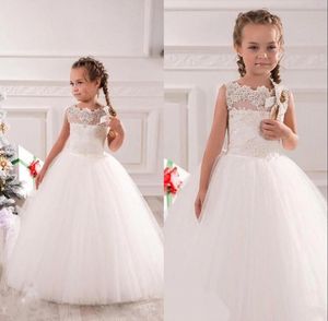 Ivoire première communion blanche mignonne petite robe de bal en tulle longueur au sol robes de filles à fleurs BO9379