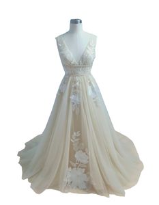 Ivory Floral Lace Boho Trouwjurk Champagne 2022 Diepe V-hals Tule Open Back A-lijn Bohemian Bridal Party Jurken Dames