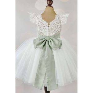 Ivory Flower Girl Dress Lace Top met groene boog schattige knie lengte fit trouwfeest verjaardag eerste communie jurken