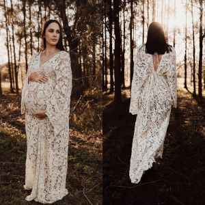 Ivory Full 2022 Robes de soirée en dentelle plus manches longues V couche arrière Longueur des plis ruché illusion maternité enceinte