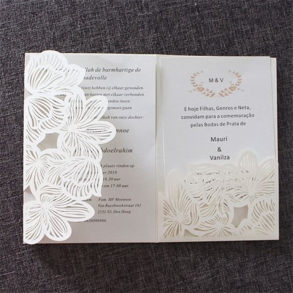 Invitations d'ivoire Cartes de voeux de fiançailles d'anniversaire de mariage Fleur découpée au laser Papier de poche Inviter un approvisionnement personnalisé de haute qualité 220711