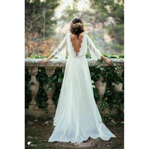 Ivory Lace Boheemse jurken 2019 Zomer 3/4 Wedding met lange mouwen Chiffon Sexy Backless Arabisch strand Bridal Jurken Custom Made 0510