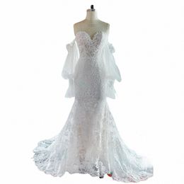 Vestidos de novia de sirena/trompeta de encaje de marfil, tren de la capilla, vestidos de novia hasta el suelo con forma de corazón hechos a medida, con cordones f7Qa #