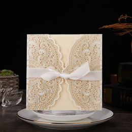 Tarjeta de invitación de boda elegante con corte láser de marfil, tarjeta de felicitación de encaje personalizada con cinta, suministros para fiesta de cumpleaños